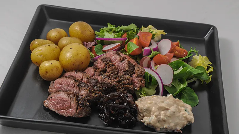 Flank Steak with Yoghurt Sauce, Red Onion Chutney, Salad and Boiled Potatoes